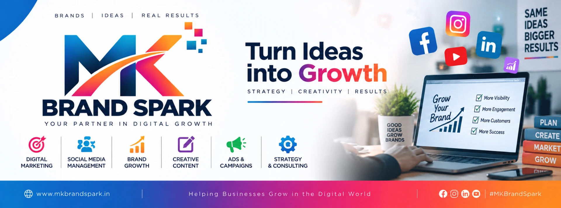 MK Brand Spark — turn ideas into growth. Digital marketing, social media management, brand growth, creative content, ads and campaigns, strategy and consulting.